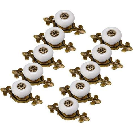 Poignées Armoire 10 Pièces Design Antique Porcelaine Blanche et Vieil Or Boutons Meubles (1/4)