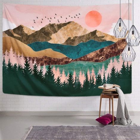 Wandteppich – Wald-, Berg- und Sonnenuntergangsmotiv – Schlafzimmerwanddekoration – 150 x 200 cm
