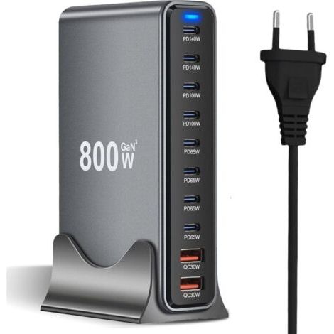 Chargeur Rapide USB-C 10 Ports 800W avec Puce GaN III et PD 3.1, 8 Ports USB-C et 2 Ports USB-A, Alimentation 140W pour MacBook, iPhone, iPad, Samsung