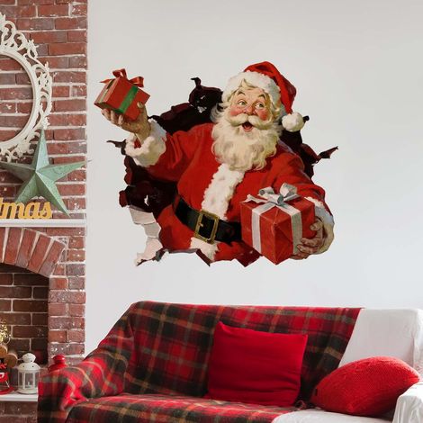 Stickers muraux et de porte créatifs de Noël, décoration de Noël : Père Noël géant en 3D distribuant des cadeaux, amovible, 30 x 40 cm, 2 feuilles (1/4)