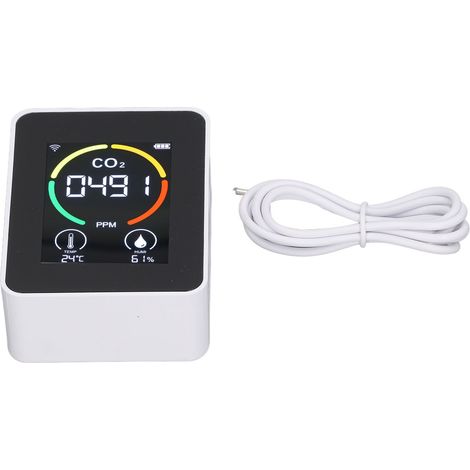 Détecteur de CO2 portable sans fil blanc, capteur infrarouge intelligent WiFi, moniteur de qualité d'air avec mesure de température et d'humidité, fonctionne sur batterie. (1/5)
