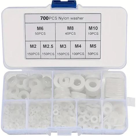 700 rondelles en nylon blanc, assortiment de rondelles plates isolantes, compatibles avec les vis mécaniques (M2, M2.5, M3, M4, M5, M6, M8, M10). (1/5)