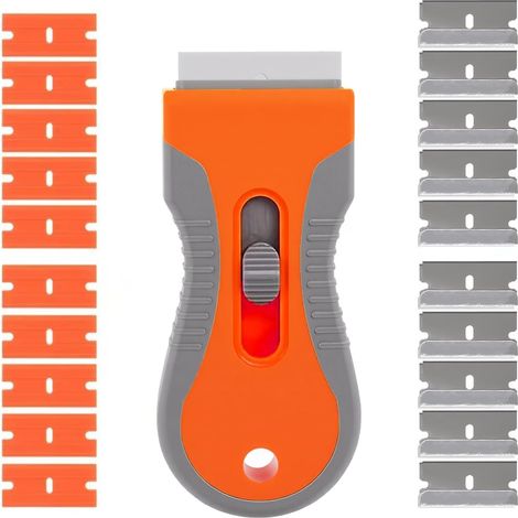 Grattoir pour plaque vitrocéramique, peinture pour vitres, plancha multifonction orange avec lame remplaçable et 10 lames en plastique, 10 lames métalliques pour nettoyer les autocollants de cuisine, (1/5)