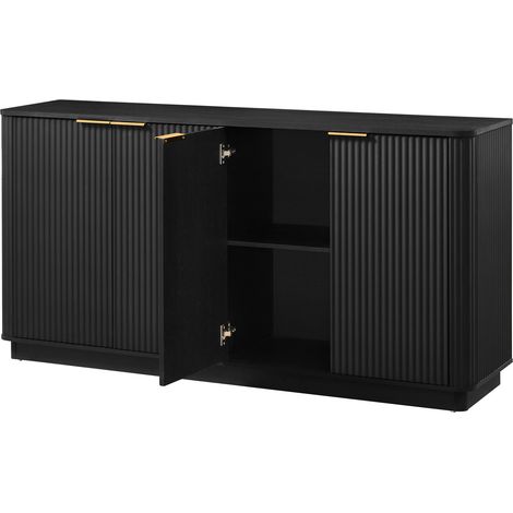Credenza TV 160 cm nera in MDF, 4 ante, design con scanalature verticali (1/5)