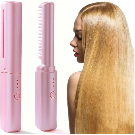 Fer à lisser sans fil, fer plat portable pour cheveux, mini fer plat en céramique rechargeable USB-C avec batterie 1500 mA, rose (1/5)