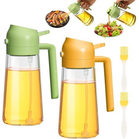 Pulvérisateur d'Huile 470ml 2 en 1, Distributeur d'Huile d'Olive avec 2 Bouteilles pour Cuisine, Friteuse à Air, Barbecue, Salade - 2 Pièces (Vert & Orange) (1/5)