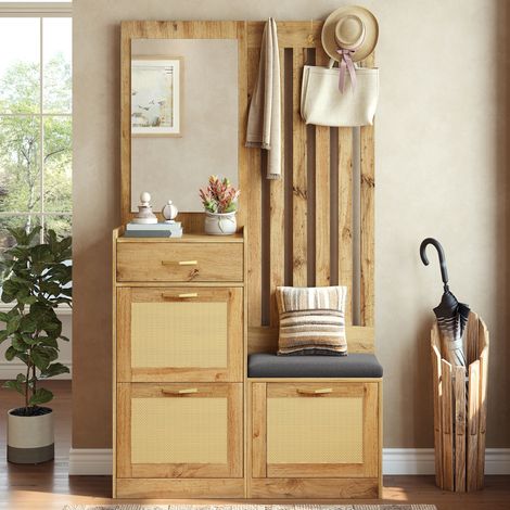 Comanlai - Vestiaire d'Entrée Complet 180 cm Effet Cannage Rotin, Portemanteau avec Miroir, Tiroir, 3 Compartiments Chaussures à Abattant et Banc d'Assise Rembourré, Bois Naturel Chêne (1/5)