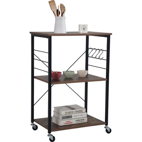 Carro Relaxdays, 3 estantes, 4 ganchos, estilo industrial, cocina y salón, HBT: 89 x 60 x 40 cm, carro, negro/marrón