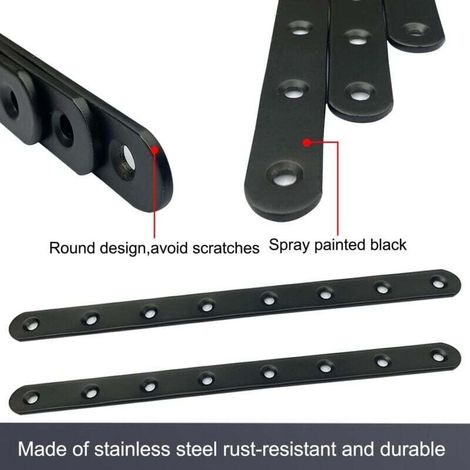Lot de 6 Équerres Plates Noires 293x19x3mm Fixation Droite Robuste pour Meubles Armoires et Étagères