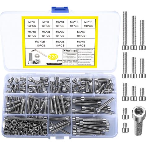 220 pièces vis à tête creuse M5, vis à tête cylindrique, kit en acier inoxydable avec écrous, avec rondelles et 2 clés (1/5)
