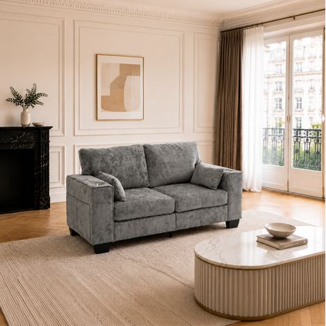 Canapé droit 2 places 182x76x96 cm en tissu chenille gris, avec rangement pour salon FloraGrace (1/5)