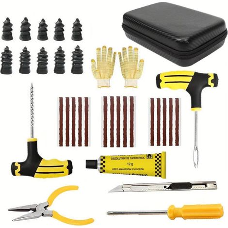 Kit de réparation d'urgence pour pneus de voiture (34 pièces) pour voitures, motos, véhicules électriques et pneus sans chambre à air. (1/5)