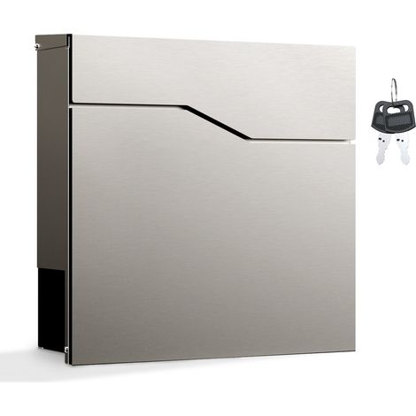 Wiltec Designer Briefkasten V19 Edelstahl 370 x 102 x 370 mm, Wandbriefkasten mit Schloss und Zeitungsrolle, Postkasten aus Stahl