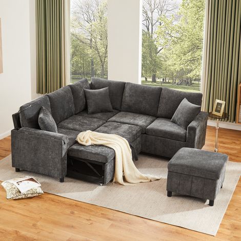 Canapé d’angle convertible 205x205x85 cm en tissu chenille gris, lit d’appoint, pour salon – MEUBLIV (1/5)