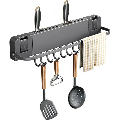 Support Ustensiles Cuisine 40cm Barre de Cuisine Ustensile Sans Perçage Avec Ventouse Range Couteau Mural 8 Crochets 10 kg Capacité pour Louches Pots
