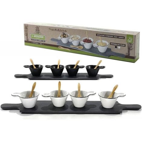 Vtizikl Set Antipastiere Con 4 Piattini E Cucchiaini In Bamboo E 1 Vassoio In Ardesia - (1/3)