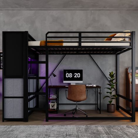 Lit mezzanine 120x200 cm en métal noir avec échelle, rangements latéraux, tiroirs en tissu, éclairage, prises et USB. (1/5)