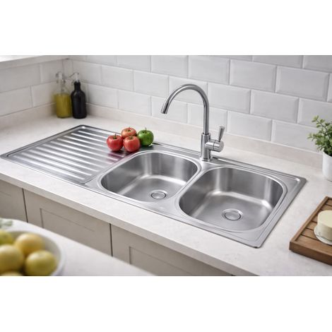 ViandPro Double Bowl Single Drainer Sink - 1200 x 500 mm - Satin Finish - Left Hand Drainer