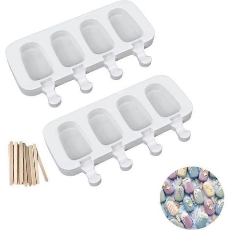 Set aus 2 ovalen Silikon-Eisformen mit je 4 Mulden zur Herstellung von hausgemachtem Eis mit Kindern (DIY).