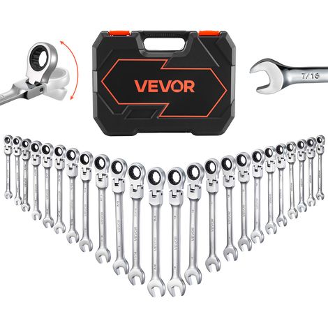 VEVOR Juego de Llaves de Trinquete 24 Unidades, Llaves Combinadas con Carraca, Cabezas Flexibles, SAE y Metrica, con Estuche de Almacenamiento, para Bricolaje Hogar Reparaciones de Automóvil, Plateado (1/5)