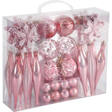 Weihnachtsbaumschmuck, Schneeflocken, Kugeln, Hängeanhänger für festliche Dekoration 2024, Neujahrsgeschenkset, Rosa (1/5)