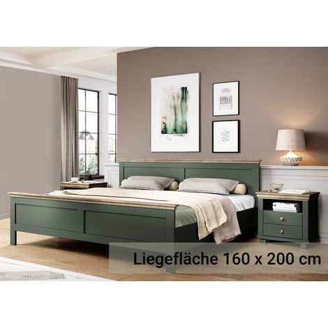Doppelbett Liegefläche 160 x 200 cm mit 2x Nachttisch EPSOM-83 Landhausstil in grün mit Lefkas Eiche Nb., B/H/T: ca. 295,5/88,5/211,5 cm (1/5)