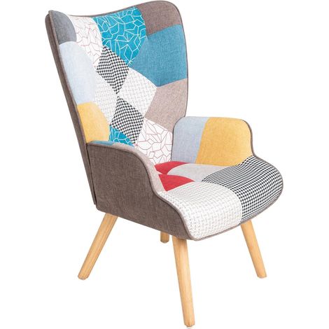 Poltroncina Relax Patchwork Quebec - Poltrona Imbottita con Schienale Alto, Gambe in Legno di Faggio, Design Moderno per Soggiorno, Camera, Ufficio - 69x75x95 cm (1/5)