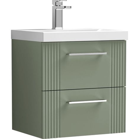 Nuie Deco Satin Green 500mm Wall Hung 2 Drawer Vanity Unit and Mid Edge Ceramic Basin - DPF892A