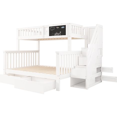Lit superposé enfant double multifonction avec tableau et tiroirs, blanc, 90x200 et 140x200, pour chambre enfant, matelas non inclus, gain de place (1/5)