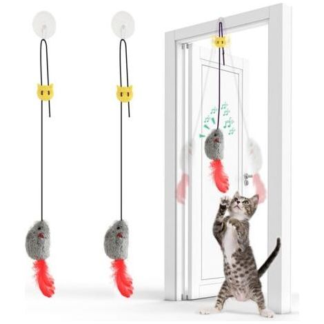 2Pcs Interactive Cat Toy Hanging Mouse with Feathered Tail - Hanging Mouse with Noise and Elastic Rope - No Batteries, Ideal for Independent Play (1/5)
