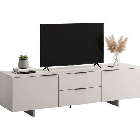 Mueble de TV Cislago, aparador de salón con dos puertas batientes y dos cajones, elevado del suelo, 180x42 h55 cm, beige