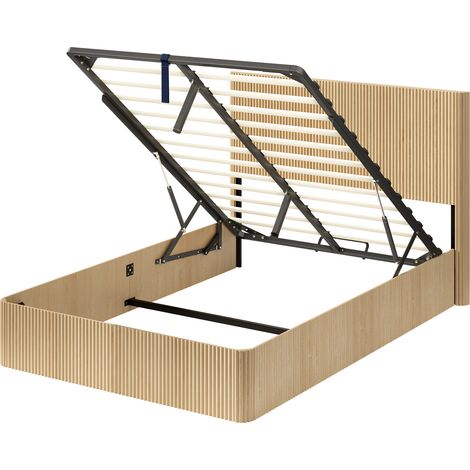 Cama con almacenaje 140 x 200 cm con elevación hidráulica, MDF y metal, roble claro (1/5)