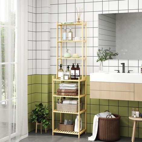 Mueble de almacenamiento para baño de 7 niveles, estante de ducha de bambú, estantería para salón y sala de estar, 44x33x180 cm, color madera.