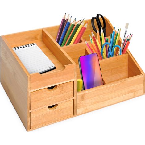 Organizer da scrivania in bambù con 2 cassetti e 7 scomparti, naturale, 33 x 20,5 x 15,5 cm (1/5)