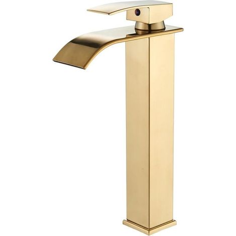 Robinet de Salle de Bain à Cascade,Robinet Mitigeur de Salle de Bain à Cascade à Trous, Cartouche Céramique, Finition Dorée Brossée (1/4)