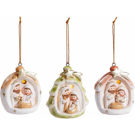 Addobbi da appendere all'albero di Natale Presepe / Sacra Famiglia in resina colorata con luci LED da appendere, set da 6 pezzi, cm 5,5 x 5 x 6 H
