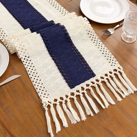 Fond blanc avec bleu marine, 30 x 300 cm Chemin de table en coton et lin à blocs de couleur, orné de pompons ajourés noués, longue nappe décorative pour meuble TV de salon, table basse, set de table. (1/5)