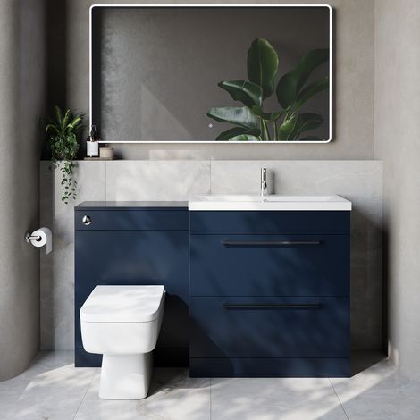 Napoli 390 Cento Deep Blue 1400mm 2 Drawer Vanity Unit Toilet Suite with Glide Basin - 1400mm - Chrome 480mm HandleWith Kingston Toilet Pan and Seat