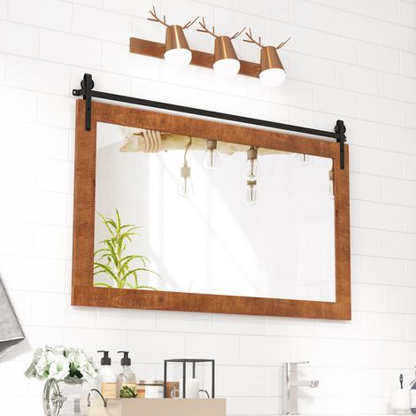 COSTWAY Specchio da Parete 100 x 66 cm, Specchio Rettangolare con Cornice in Legno Massiccio e Staffa in Metallo, Decorazione da Parete per Soggiorno Ingresso Bagno, Marrone (Marrone) (1/5)