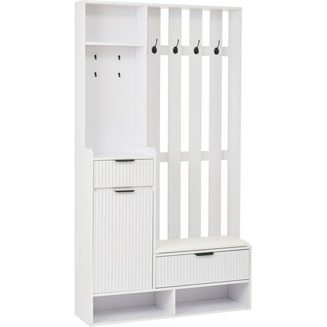Mobile ingresso 6 in 1 bianco 100 x 30 x 180 cm con 8 ganci, 2 cassetti, armadietto e panca (1/5)