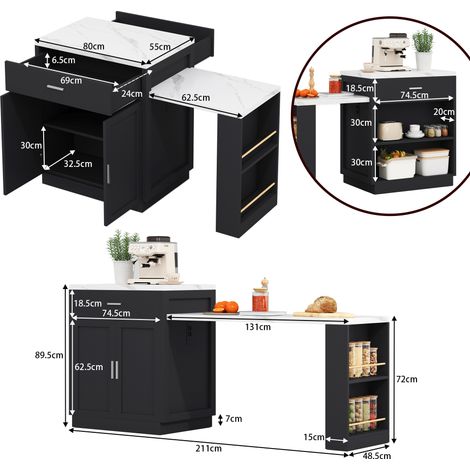 Îlot de cuisine extensible avec table pour 4 à 6 convives, meuble bicolore avec prise électrique, rangement intégré, 2 tiroirs et 2 étagères latérales ouvertes