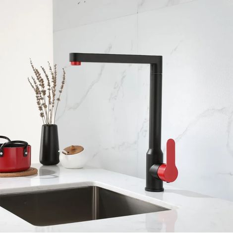 Robinet de cuisine en acier inoxydable (noir et rouge), pivotant à 360 degrés, mitigeur eau chaude/eau froide (1/5)