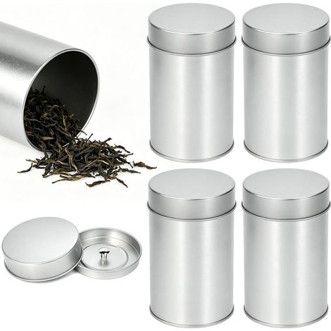 Set di 4 barattoli in latta per tè, contenitori ermetici per conservare tè, caffè, spezie ed erbe aromatiche, barattoli in metallo argentato con doppio coperchio, 7,5 x 12 cm, per la conservazione deg (1/5)
