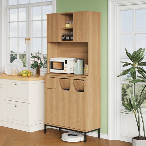 Küchenschrank 80/35/181 cm in Naturholz-Optik mit 3 Müllfächern und Mikrowellenablage (1/5)
