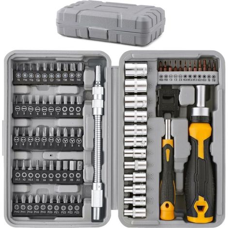 Coffret de 79 pièces Embouts de Vissage Multiples et Douilles 1/4 pouce avec Poignées. Extension Flexible Embouts de Précision Torx et Antivol 1/4 pouce Hex le tout dans une Mallette