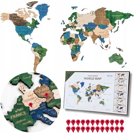 Adesivo murale 3D in legno con mappa del mondo, 105x60 cm, con 36 puntine autoadesive. (1/5)
