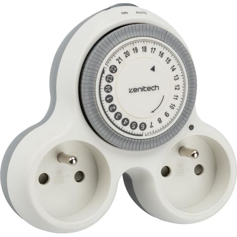 Zenitech – Biplite programmable 2x16A avec minuterie 15min – Prise orientée 230V – Voyant LED – Interrupteur marche/auto (1/5)