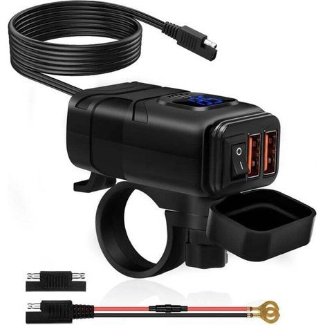 Chargeur USB étanche pour moto, double prise USB/QC3.0 pour chargeur de voiture, prise USB étanche pour moto, charge rapide avec interrupteur et voltmètre LED (lumière rouge) (1/5)