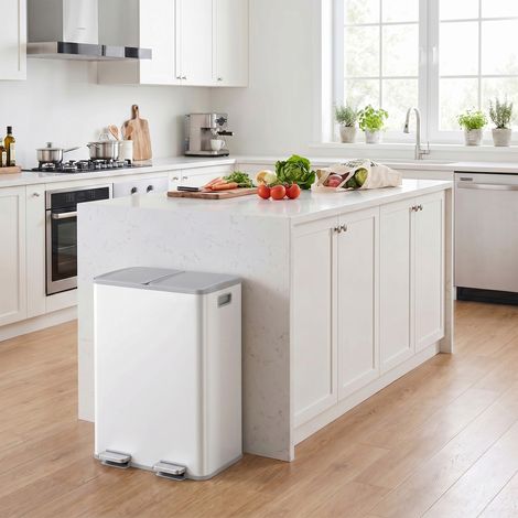 Poubelle de Cuisine Tri Sélectif 2 Bacs à Pédale 2 x 30 L 47,7 x 38 x 67 cm Blanc (1/5)