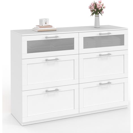 Cassettiera a 6 cassetti VITO 110 cm, legno bianco ed effetto smerigliato (1/5)